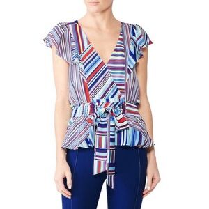 Parker Huntington Striped Flutter Sleeve Faux Wrap Surplice Peplum Blouse Sz L